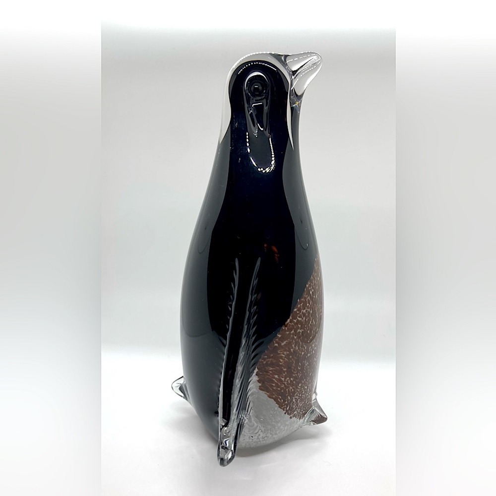 Vtg Murano Style Art Glass Black Clear & Brown Penguin Figurine 8.5” H x 6” W